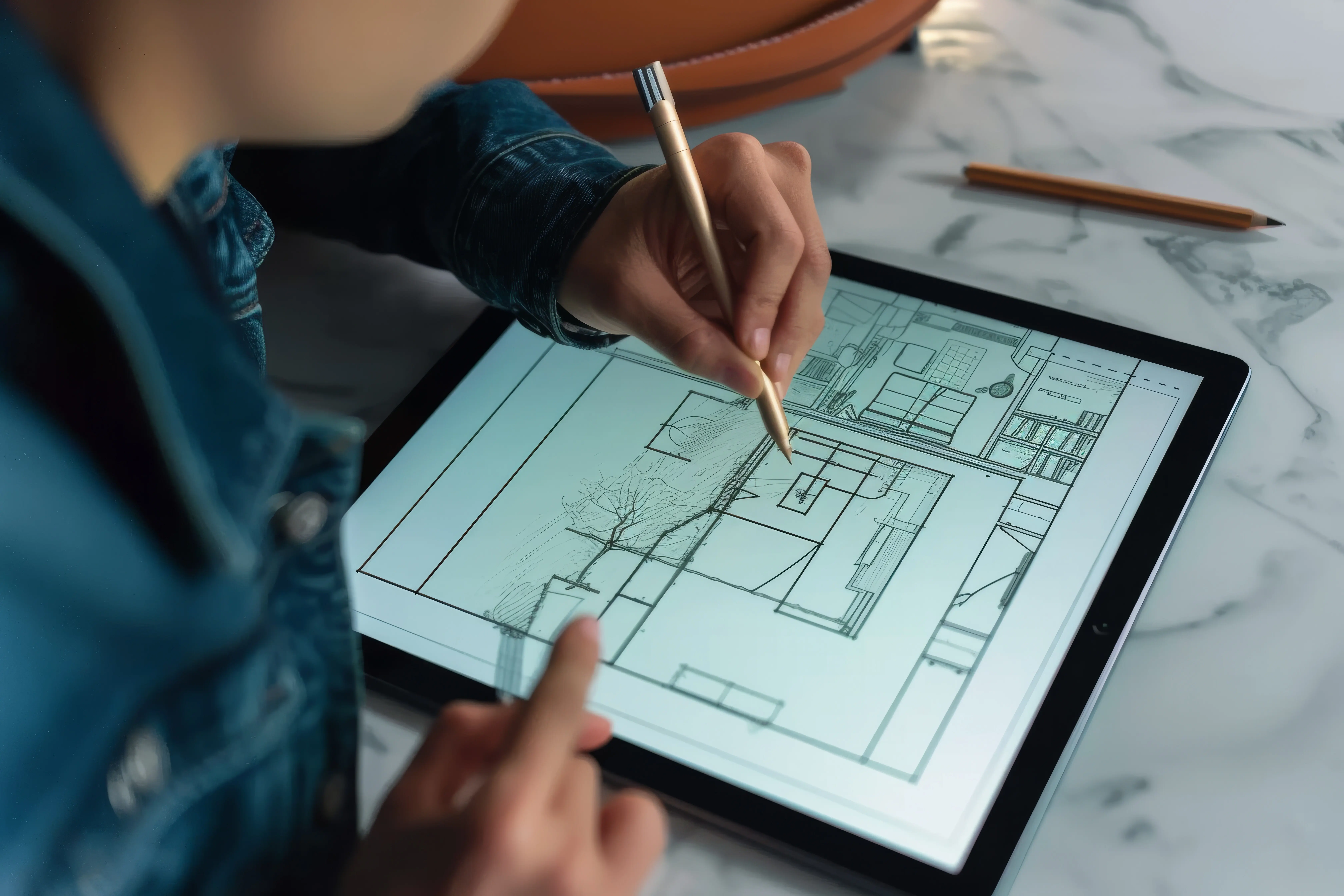 Nahaufnahme eines Innenarchitekten, der eine Skizze auf einem digitalen Tablet zeichnet.