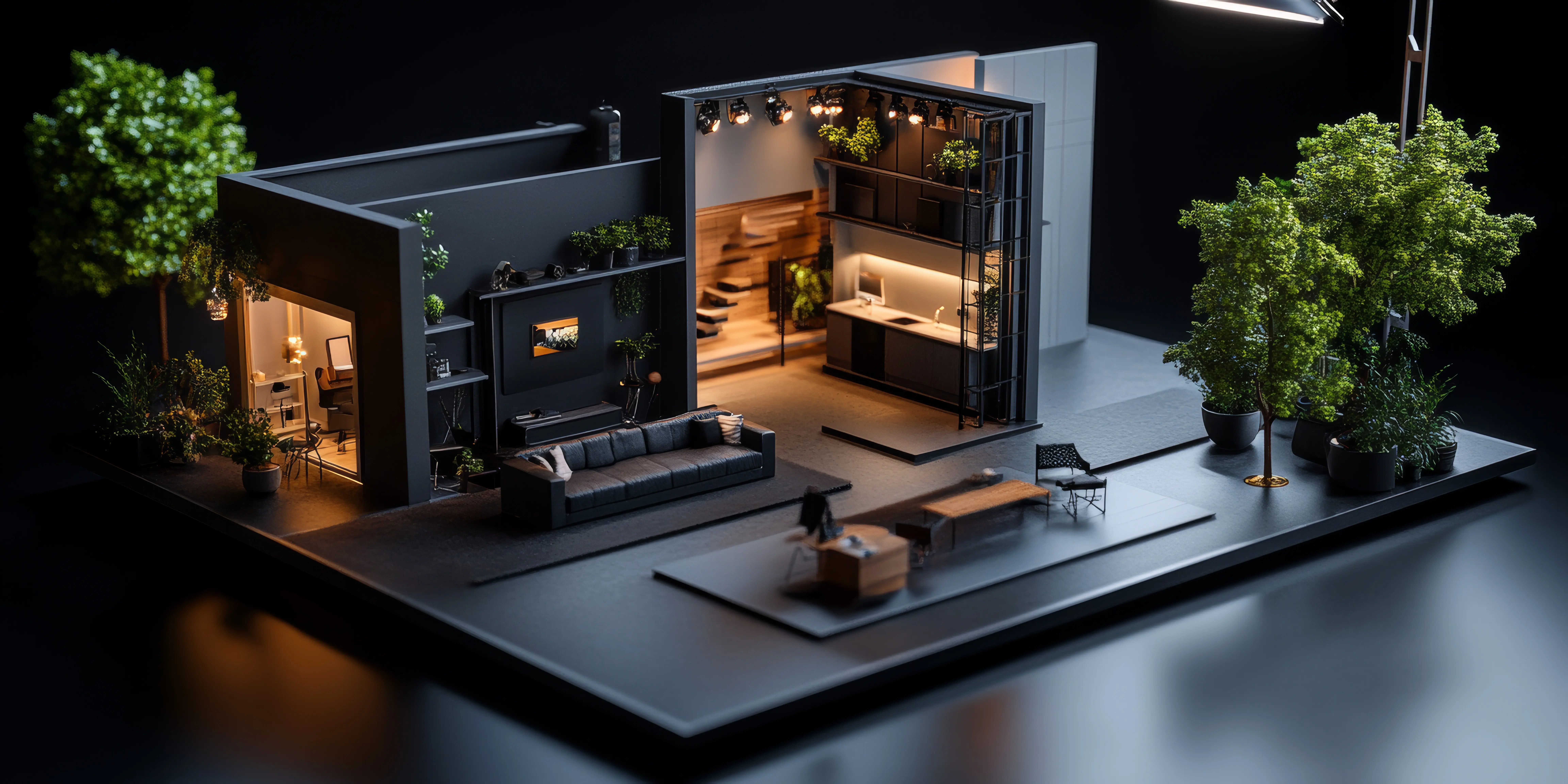 Weißes Studio mit warmer Umgebungsbeleuchtung und verstreuten Requisiten in Vogelperspektive.