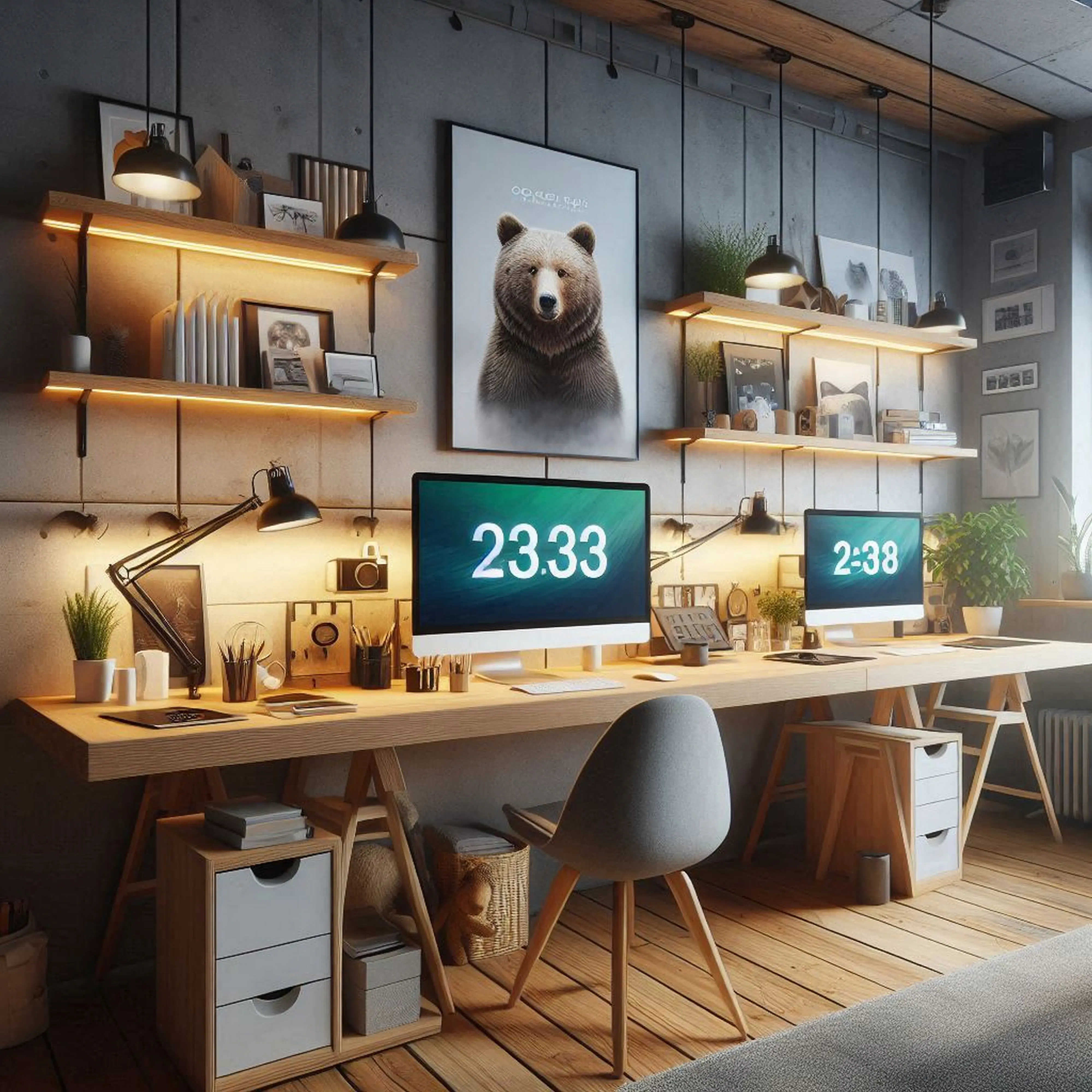 Ein Schreibtisch mit einer Digitaluhr, die 028 anzeigt.