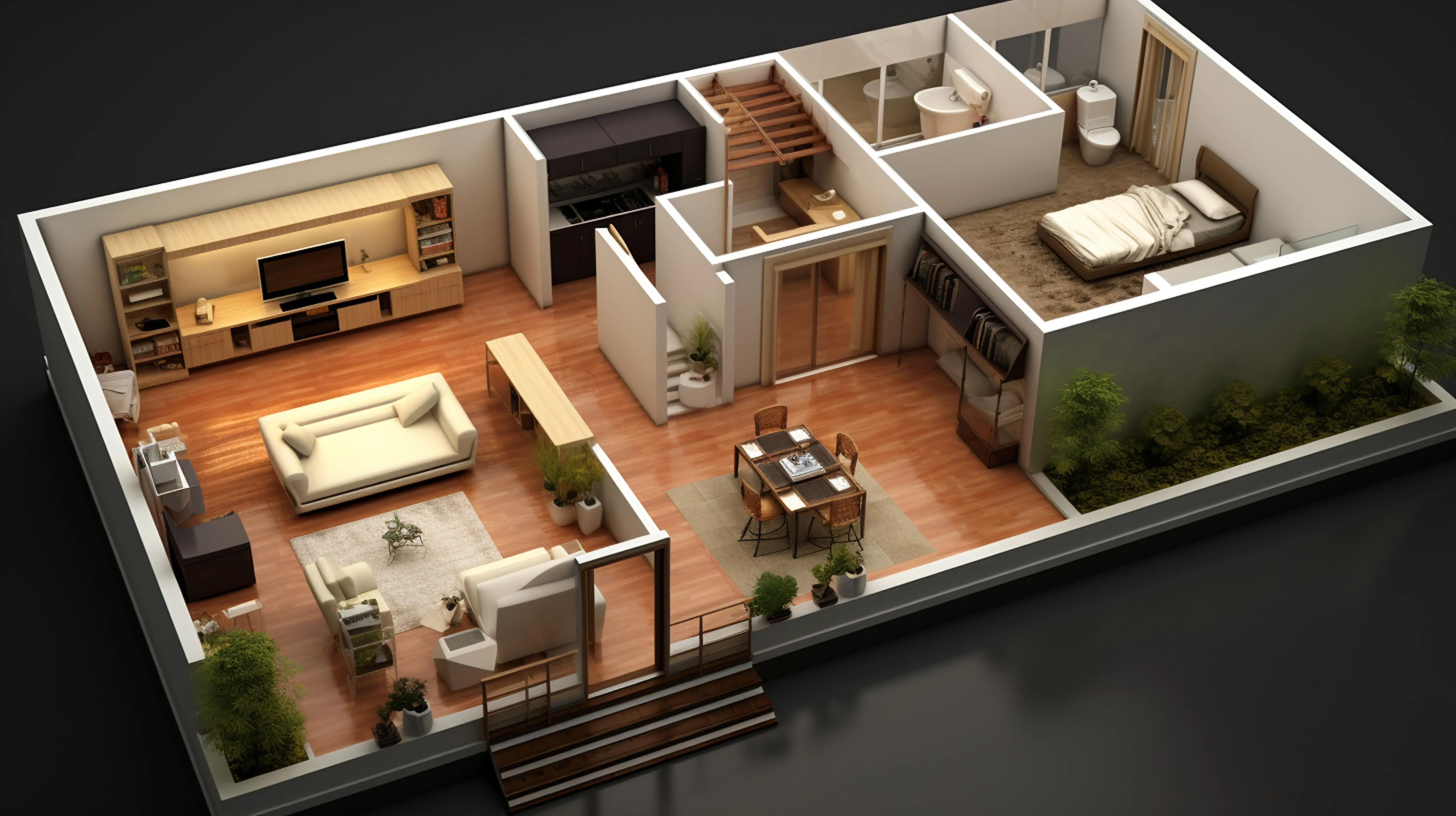 Wohnungsgrundriss; Apartment-Innenraum freigestellt vor weißem Hintergrund; 3D-Visualisierung; Generative KI.