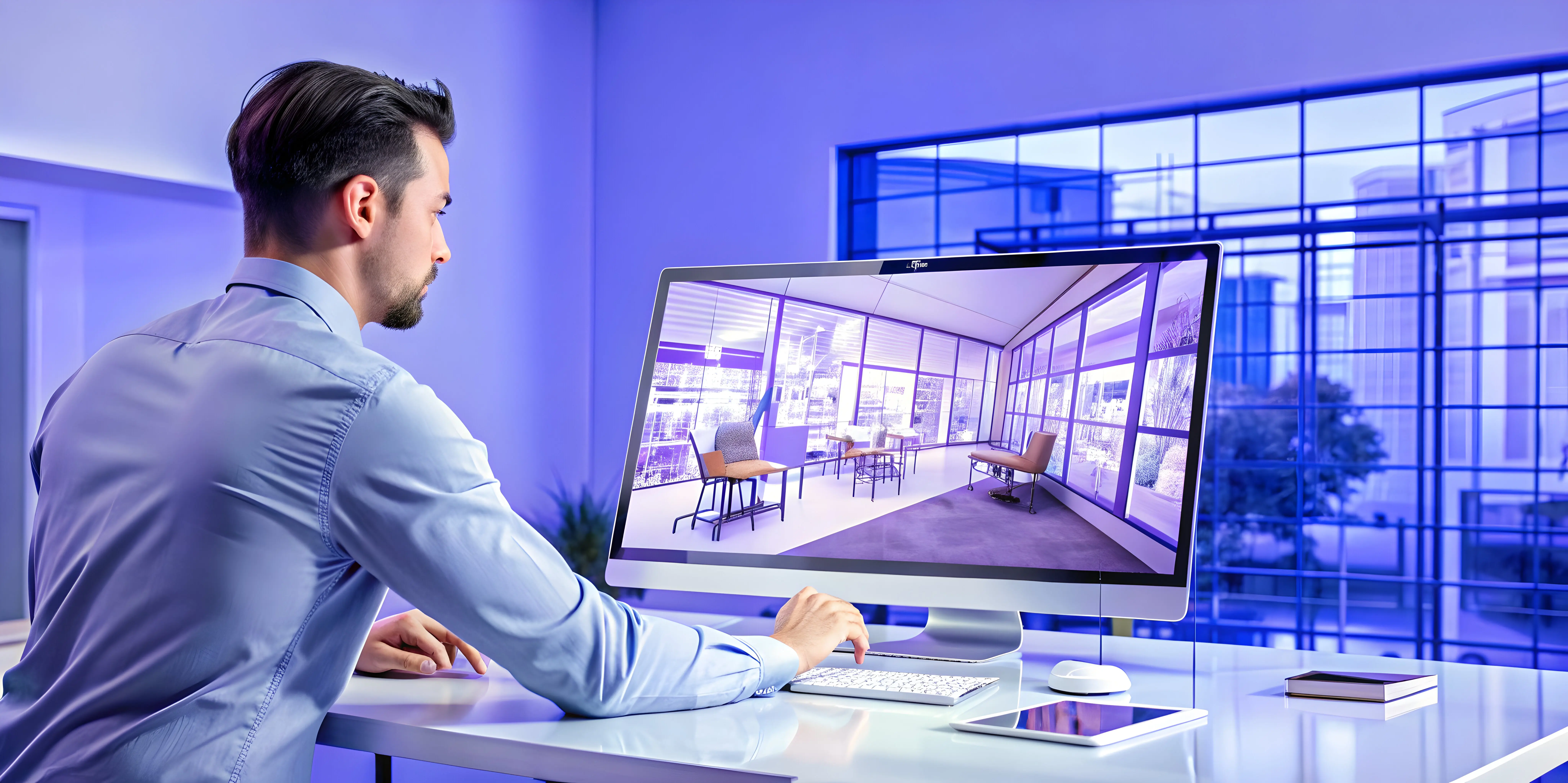 Architekt entwirft ein innovatives Projekt in einem flexiblen Arbeitsbereich mit glänzenden Oberflächen, Zoom ins Digitale.