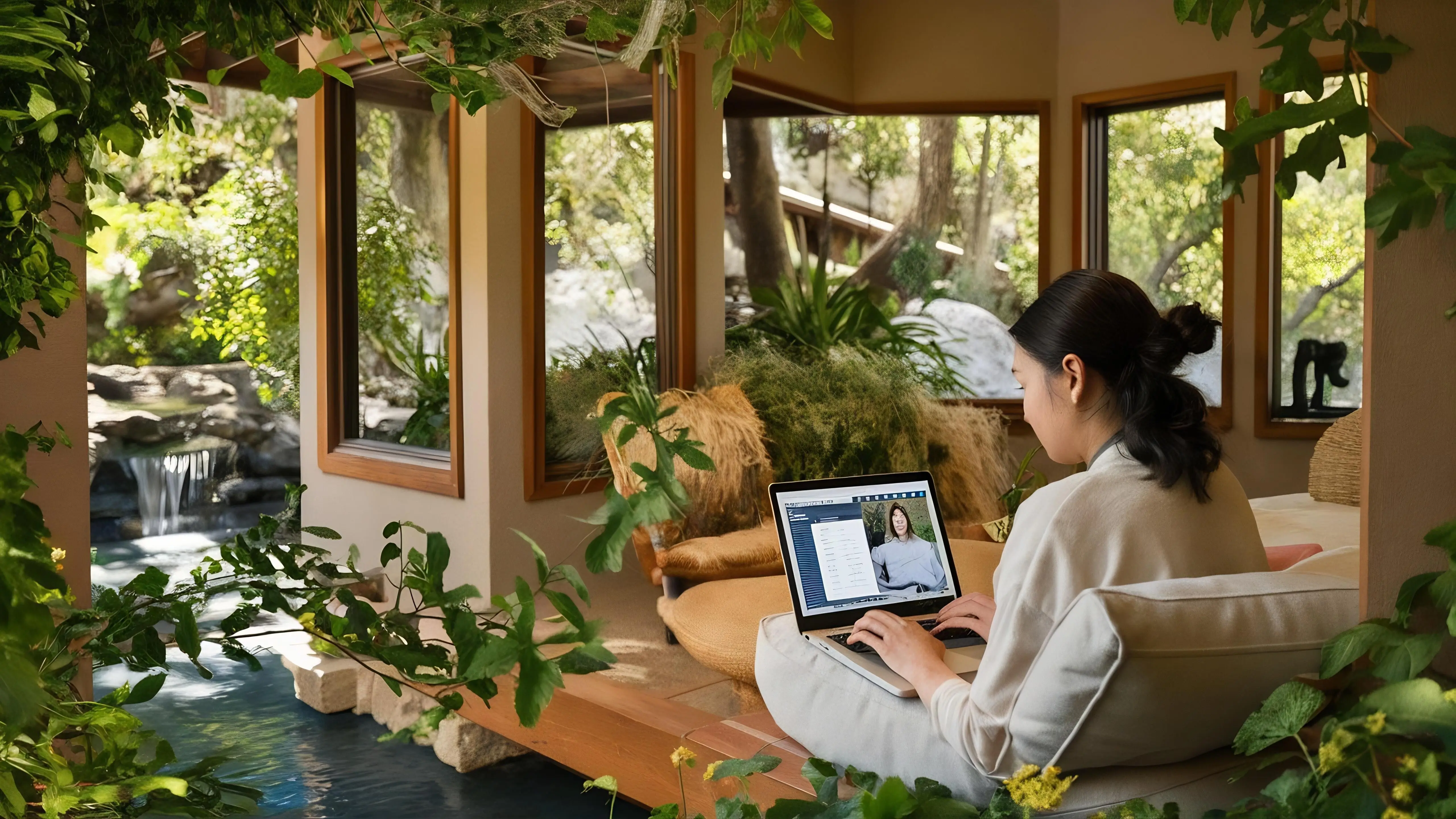 Eine Frau arbeitet aus der Ferne am Laptop in einem Haus in der Natur.
